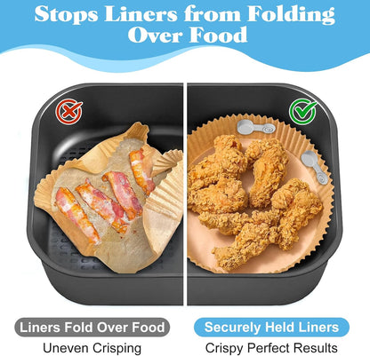 Air Fryer Magnet Silicone Buckles for Parchment Paper – 2 Pack Reusable Accessories for Disposable Basket Liners, Secure Baking Paper, Prevent Shifting & Burning (Black)