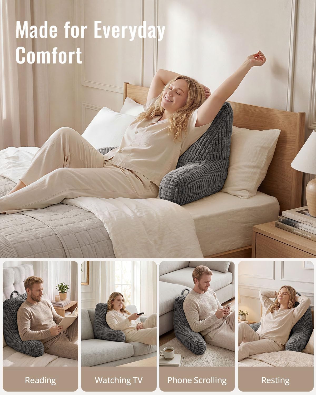 Blissful Diary Reading Pillow, Backrest Pillow with Shredded Memory Foam for Adult & Children, Designed for Bed and Couch Sitting Up, Includes Arms, Pockets and Washable Cover, Off White