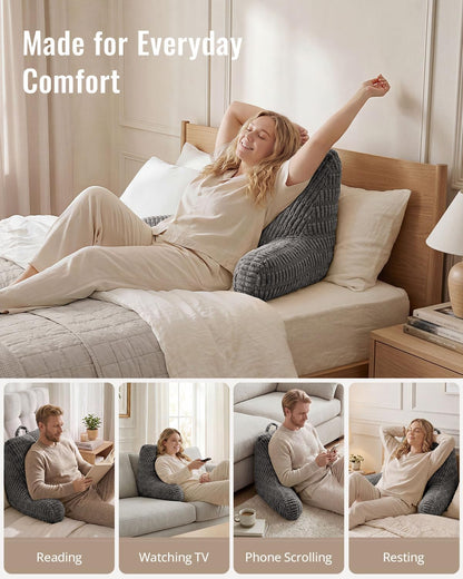Blissful Diary Reading Pillow, Backrest Pillow with Shredded Memory Foam for Adult & Children, Designed for Bed and Couch Sitting Up, Includes Arms, Pockets and Washable Cover, Off White