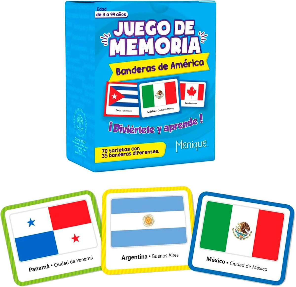 Menique Flags of the World Memory Matching Game – 100 Cards, 50 Countries & Capitals – World Flags Flash Cards for Kids & Adults – Color-Coded by Continent