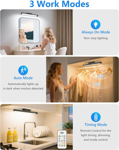 Ferswe 5W Motion Sensor Magnetic Light Bar, 2500mAh Rechargeable Under Cabinet Lighting with Battery Display, Eye-Friendly Mirror Lights, LED Light Bar for Cabinet, Closet, Bathroom and Desk