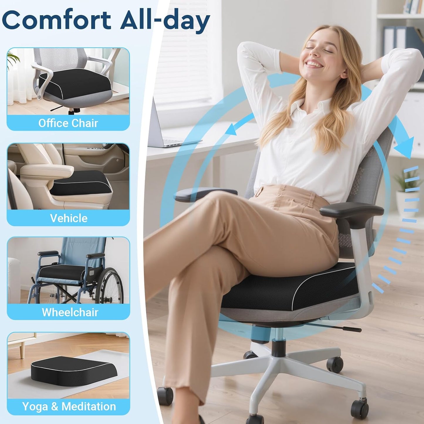 Seat Cushion, Memory Foam Office Chair Cushion, Black, Large | Office Desk Accessories, Butt Pillow for Long Sitting Sciatica, Coccyx, Tailbone, Hip Pain Relief - for Home, Car, Airplane