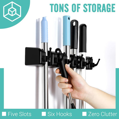 InPoTo Wall Mount Broom Holder 5 Slots 6 Hooks Mop Organizer Rack | Heavy Duty Construction -35 LBS Capacity, 5 Spring-loaded Ball Slots With Anti-Skid Rubber,Easy Installation ,Space Saving