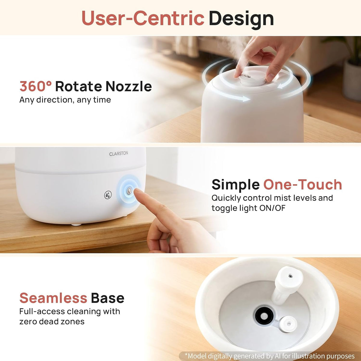 Clarston Humidifiers for Bedroom, 2L Cool Mist Humidifier, 24dB Quiet Sleep