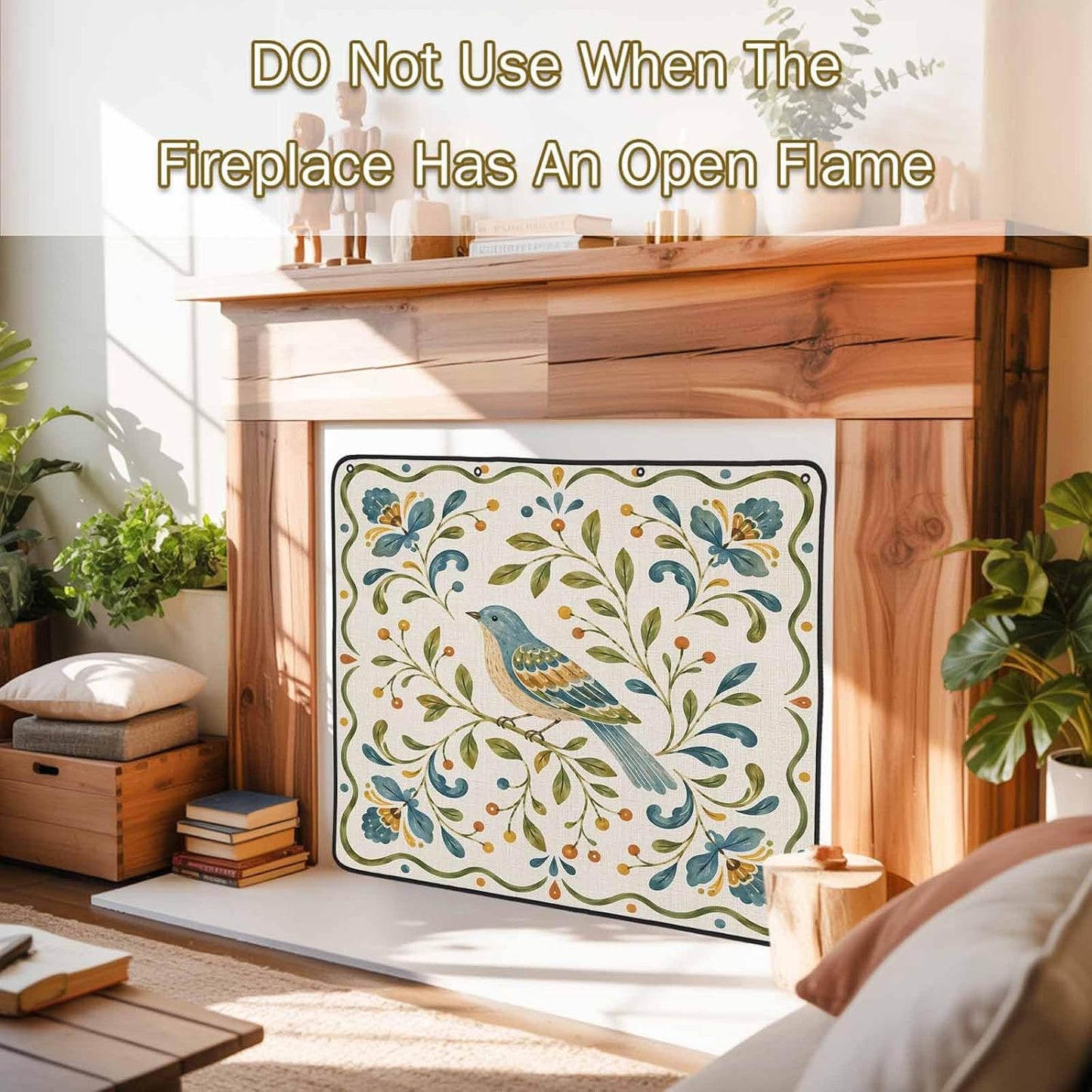 Magnetic Fireplace Cover Bird Branches Fireplace Screen Decorative Green Leaves Frame Insulation Fireplace Blocker Blanket Save Energy Fireplace Draft Stopper Covers for Living Room 45x34 Inch