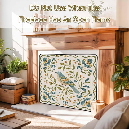 Magnetic Fireplace Cover Bird Branches Fireplace Screen Decorative Green Leaves Frame Insulation Fireplace Blocker Blanket Save Energy Fireplace Draft Stopper Covers for Living Room 45x34 Inch