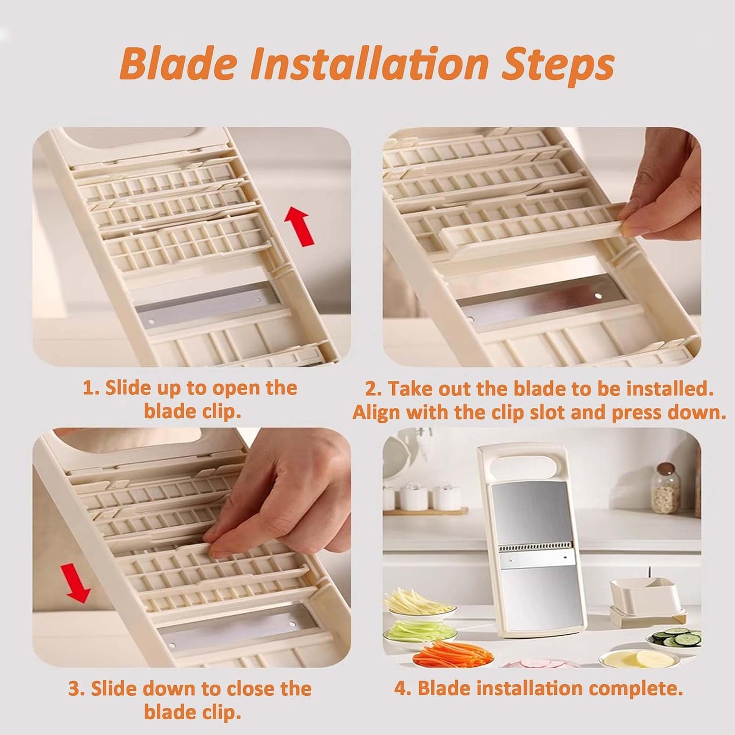 Mandoline Food Slicer for Kitchen, Potato, Tomato, Carrot, Onion, Vegetable and Fruit Cutter, with 4 Stainless Steel Blades and 1 Safety Guard, BPA-Free Plastic Body