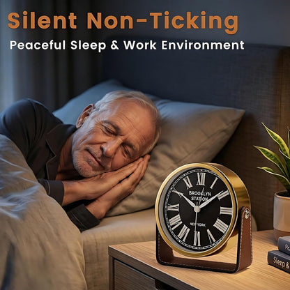 Analog Alarm Clock - 4.5" Silent Non Ticking Small Clock with Light, Rotatable Stand Metal Desk Clock Battery Operated, Simple Design for Living Room Decor/ Bedroom/Bedside/Shelf (Black & White)