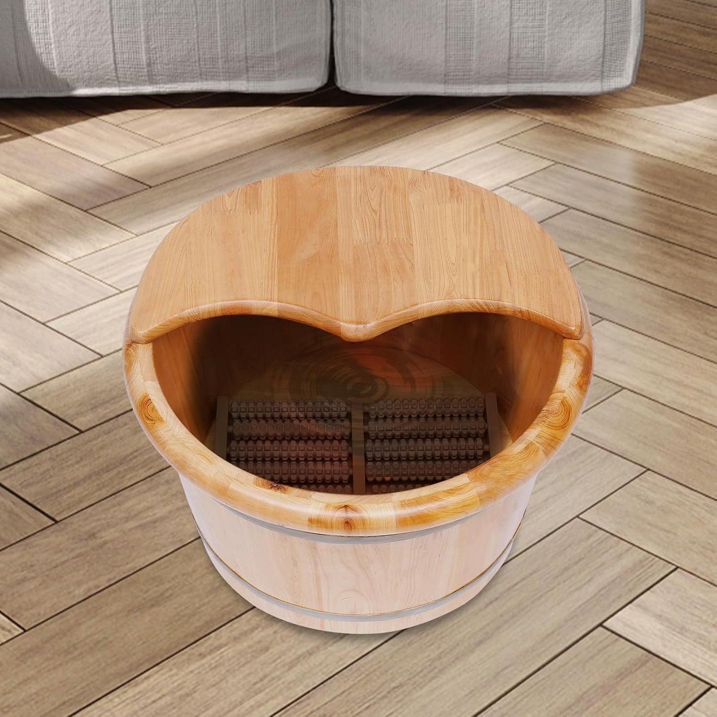 Wooden Foot Bath Basin, Health Foot Massage Barrel Feet Spa Soak Bucket w/Roller