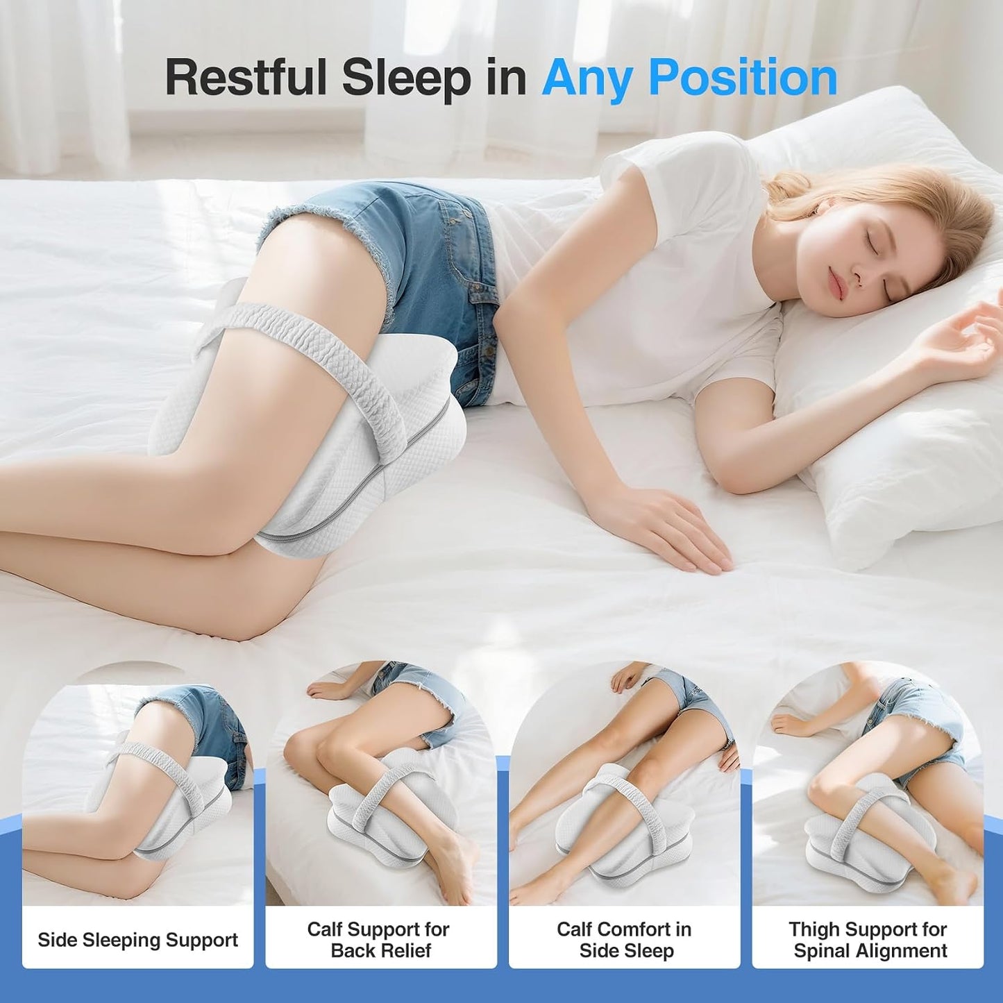 Knee Pillow for Side Sleepers, Memory Foam Leg Pillow for Side Sleeping with Strap, Alignment Pillows Between Legs for Sciatica, Back & Hip Pain Relief (Grey)