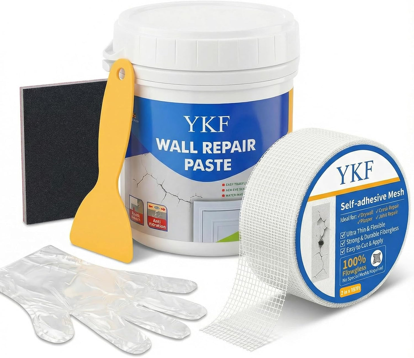 YKF Drywall Repair Kit, 18 oz Ready to Use Quick Dry Wall Repair Paste with Scraper and Self-Adhesive Mesh, White Spackle Putty for Small Holes, Nail Holes, Dents and Cracks