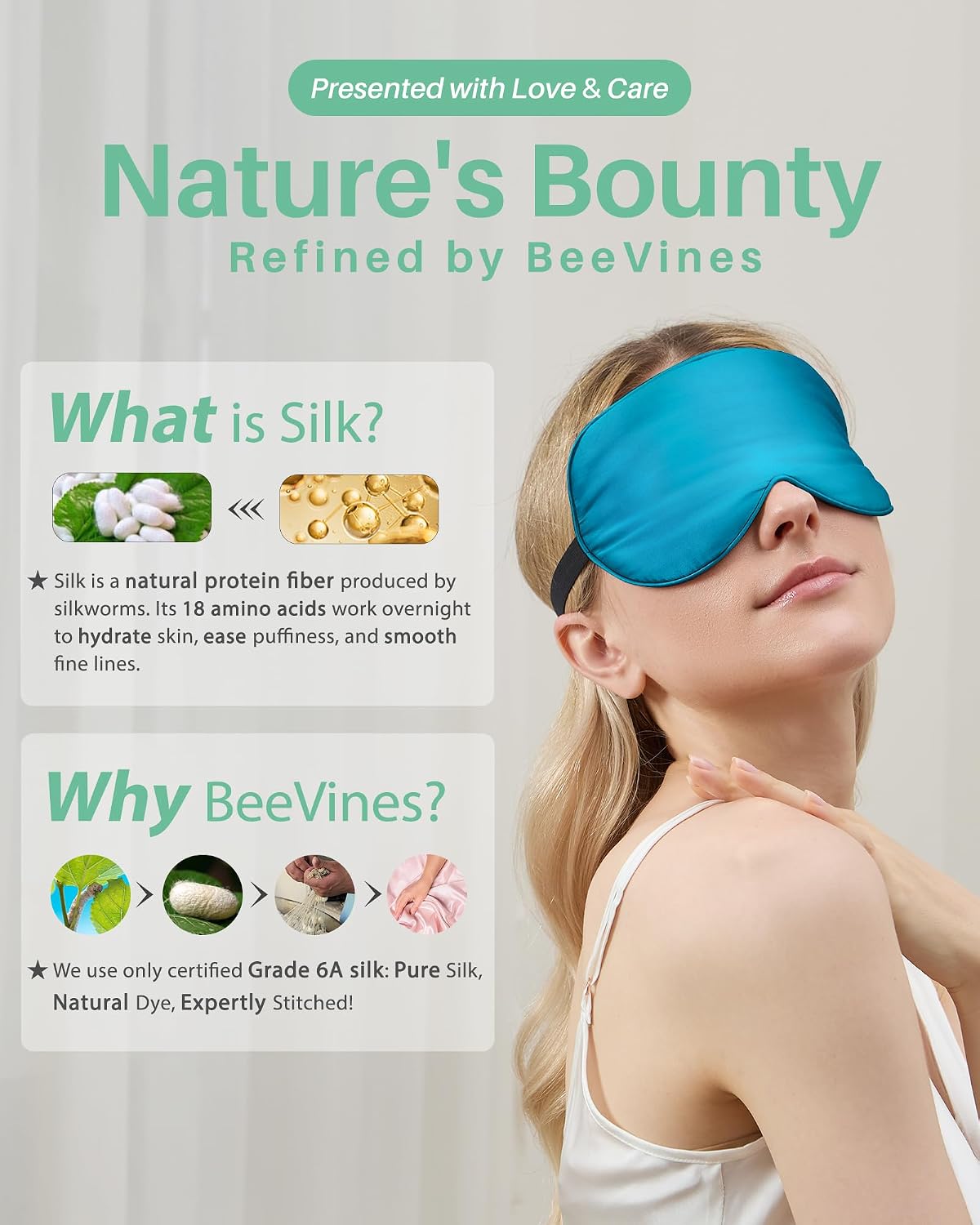 BeeVines 100% Mulberry Silk Sleep Mask, Light Blocking Eye Masks (2 Packs)