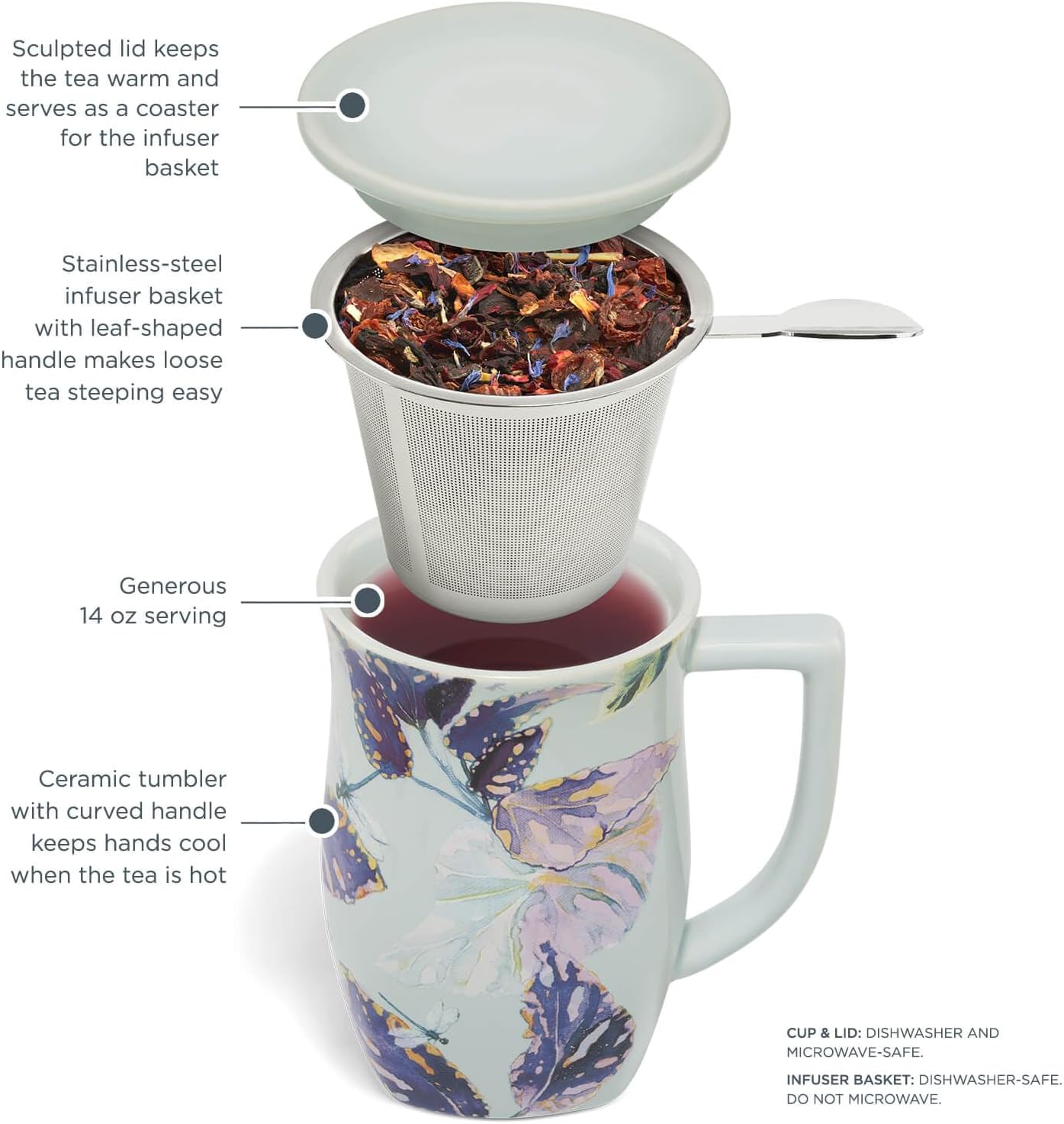 Tea Forte Ceramic Fiore Tea Cup with Infuser, Blue Agave, 14 oz | Insulated Ceramic - Stainless Steel Loose Leaf Infuser - Keeps Tea Hot Longer - Lid Included - Microwave & Dishwasher Safe
