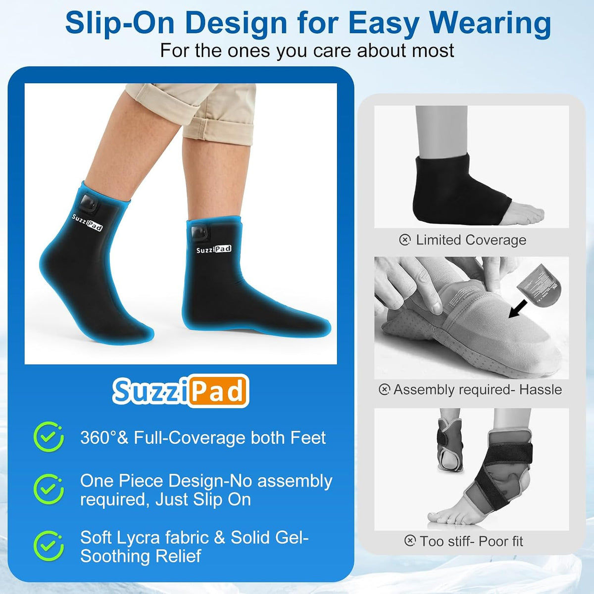 SuzziPad Cold Therapy Socks, Adjustable Ankle Ice Pack Wrap for Chemo, M
