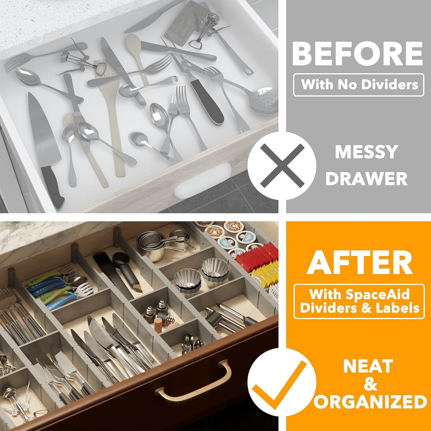 SpaceAid Bamboo Drawer Dividers with Inserts and Labels, Kitchen Adjustable Drawer Organizers, Expandable Organization for Home, Office, Dressers, 4 Dividers with 9 Inserts (17"-22" Natural)