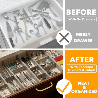 SpaceAid Bamboo Drawer Dividers with Inserts and Labels, Kitchen Adjustable Drawer Organizers, Expandable Organization for Home, Office, Dressers, 4 Dividers with 9 Inserts (17"-22" Natural)