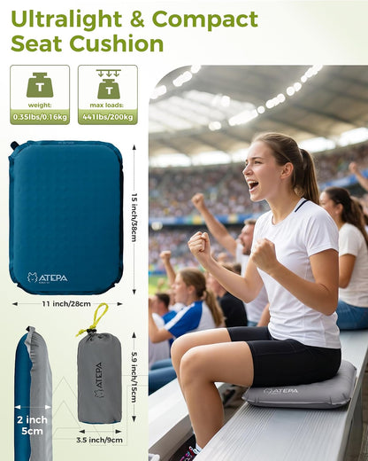 ATEPA Inflatable Seat Cushion | 2" & 2.5" foam core seat pad, Self inflating, Compact, Stadium, Airplane, Travel, Camping, Hiking, Sports events