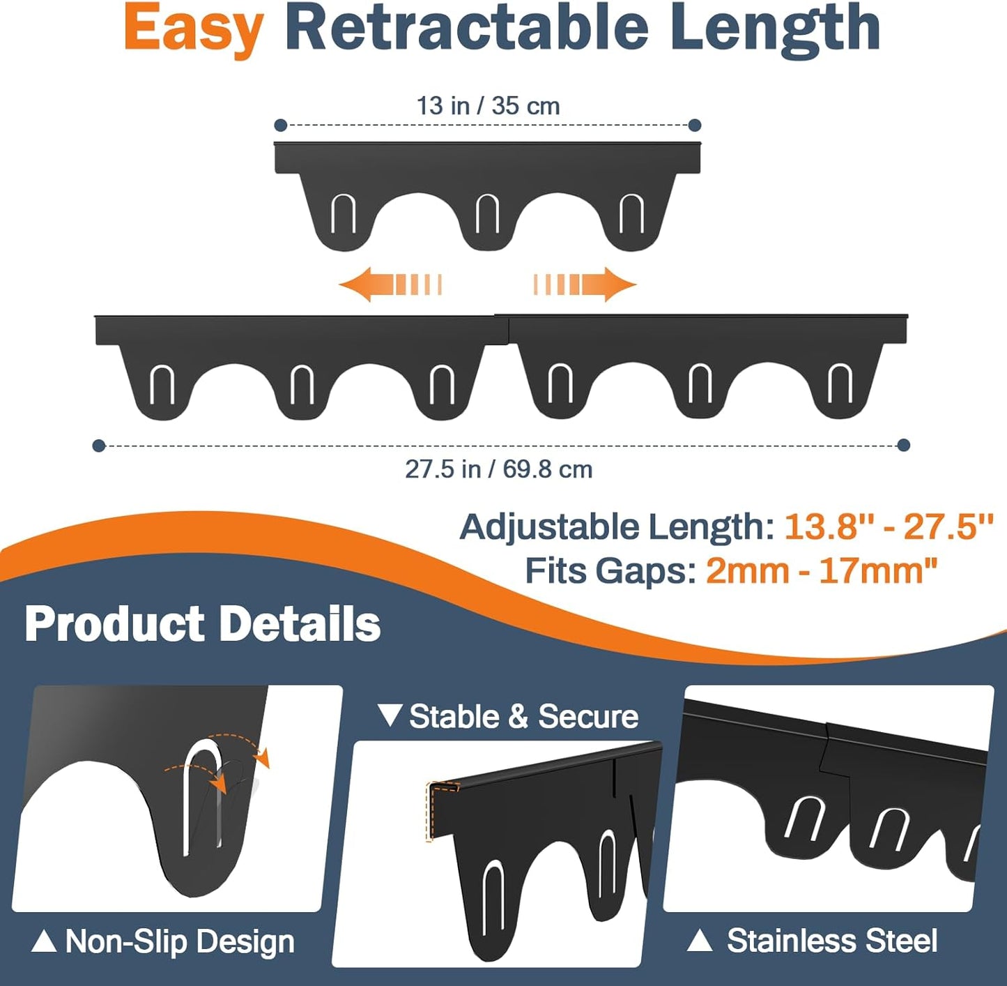 Stove Gap Covers Stainless Steel,2Pack Retractable Stove Gap Filler-Black | (13.8"–27.5" Length, 0.79" Width), Heat-Resistant Guard & Range Trim Kit Between Stove Top & Counter