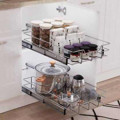 Pull Out Cabinet Organizer 15" W X 22" D, Chromed, Full Slide Out Drawers | For Kitchen Organizers and Storage, Pull Out Drawers For Cabinets Capacity Heavy Duty Caddy, Cabinet Shelves, Bathroom Pantry