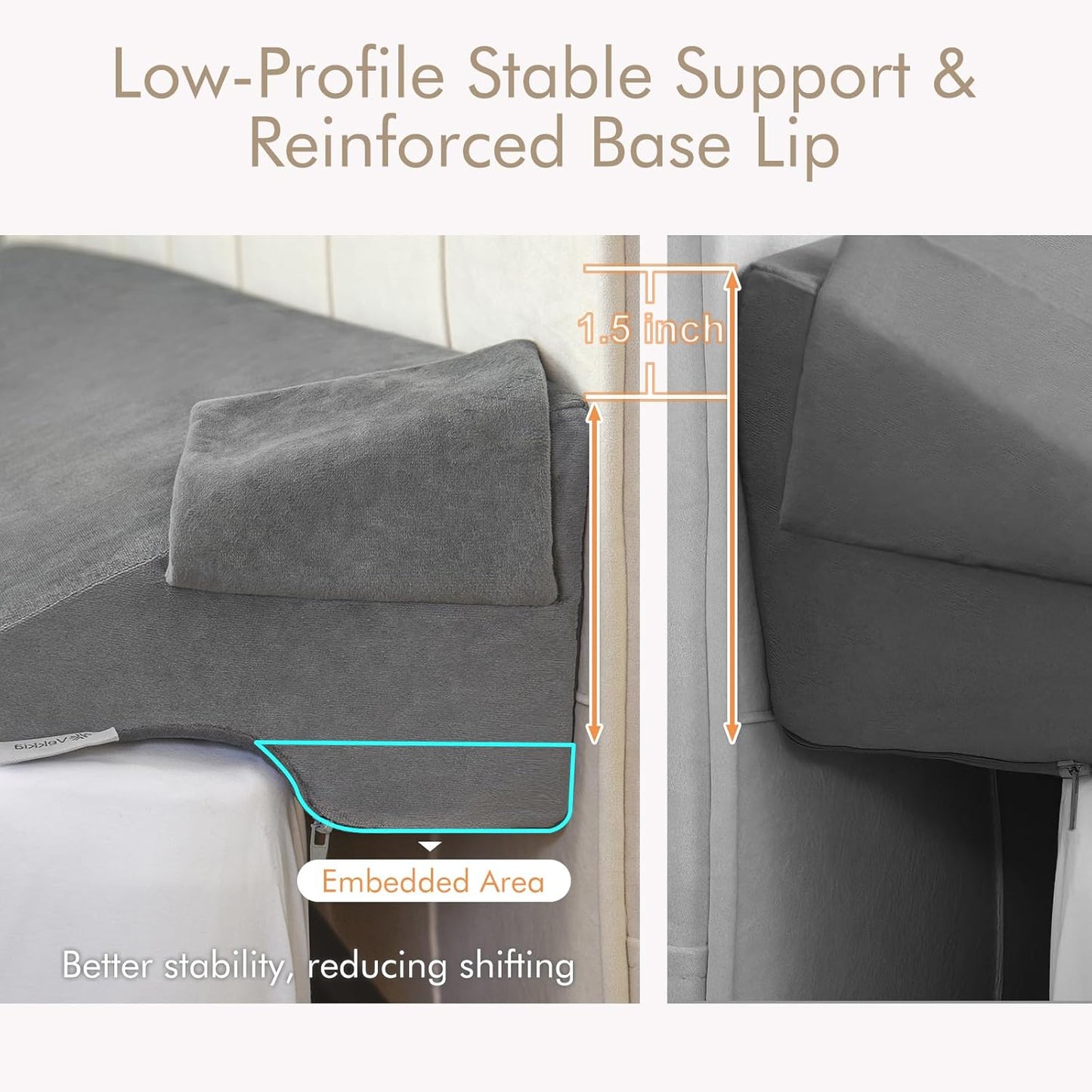 Vekkia King Bed Wedge Pillow for Headboard Gap Filler (0–5.5") | Prevents Pillows & Items from Falling, High-Density Foam Mattress Gap Filler with Pockets, Removable Cover, Gray, 60"x10"x6"