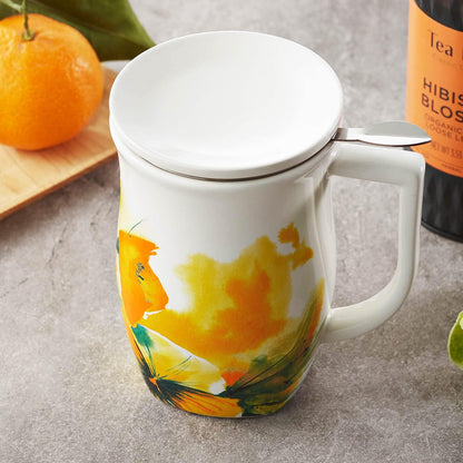 Tea Forte Ceramic Fiore Tea Cup with Infuser, Blue Agave, 14 oz | Insulated Ceramic - Stainless Steel Loose Leaf Infuser - Keeps Tea Hot Longer - Lid Included - Microwave & Dishwasher Safe