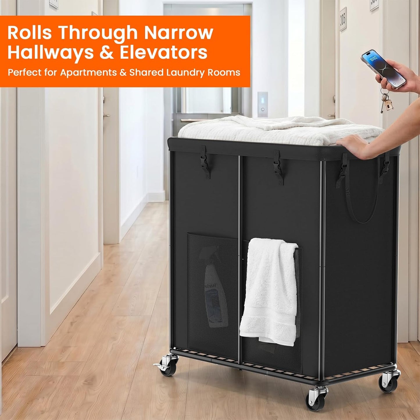 Laundry Hamper with Wheels, 150L Rolling Laundry Basket with Bag & Handles | Sturdy Metal Frame | Removable Bag | Large & Tall Dirty Clothes Hampers for Laundry Room, Bedroom, Dorm, Bathroom-Black