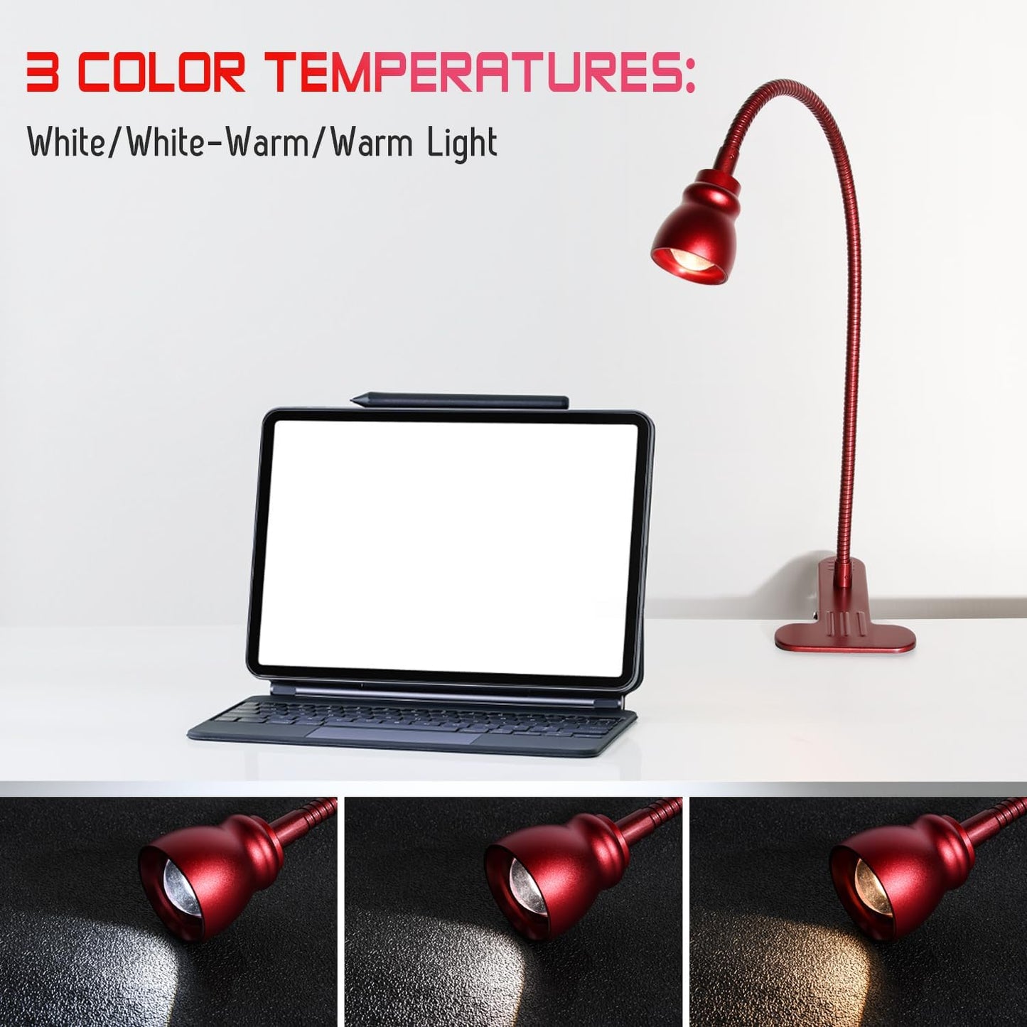 Zoomable Clip on Light, Clamp Reading Light for Dorm Bed Headboard, Dimmable Spotlight with 3 Color Temperature Options, 10 Dimmable Brightness Levels, Adjustable Beam Angle