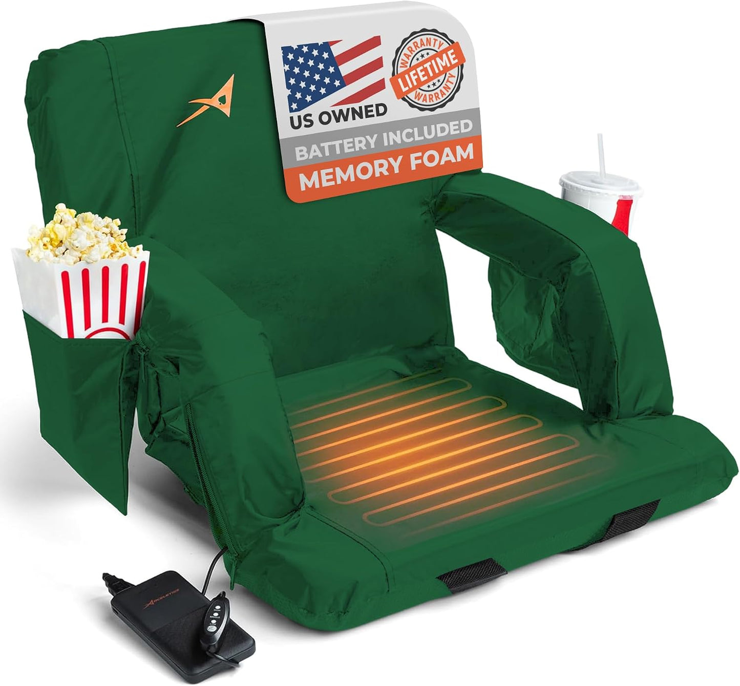 Heated Stadium Seats for Bleachers with Back Support – USB Battery Included - Upgraded 3 Levels of Heat - Foldable Chair - Cushioned, 4 Pockets for Snacks, Cup Holder - for Camping, Games & Sports