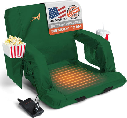 Heated Stadium Seats for Bleachers with Back Support – USB Battery Included - Upgraded 3 Levels of Heat - Foldable Chair - Cushioned, 4 Pockets for Snacks, Cup Holder - for Camping, Games & Sports