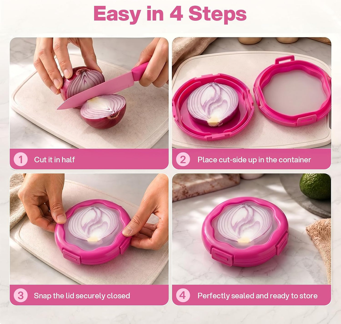 CLEANGOR Avocado Saver and Onion Saver, 4Pcs Fruit and Vegetable Savers | Silicone Food Saver with Snap-On Lid, Ideal for Avocados, Onions, Lemons, Orange and Tomatoes, Reusable, Dishwasher Safe