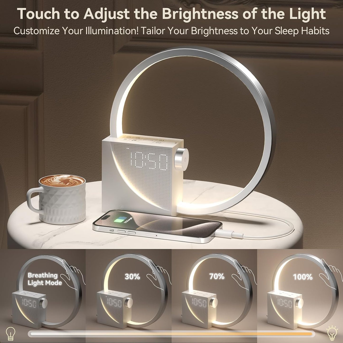 Vivilumens Sunrise Alarm Clock for Heavy Sleepers Adults, Wake-up Light, Sleep Aid 10 White Noise Sound Machines with 30/60/90 Timer, 3 Level Dimmable Touch Table Lamp with Snooze USB Charger Port