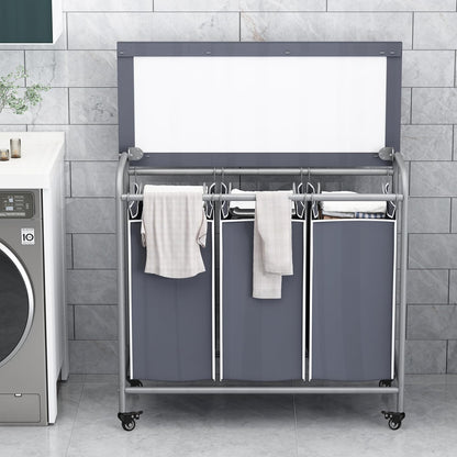 LINZINAR 3 Section Laundry Hamper, Black Laundry Basket 135L Laundry Sorter | Laundry Room Organization with Heavy Duty Rolling Lockable Wheels and Removable Bag, Bedroom Laundry Cart for Clothes Storage