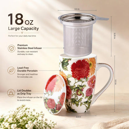 AmorArc Tea Cup With Infuser and Lid, 18oz Loose Leaf Tea Mug With Steeper | Porcelain Tea Mug With Infuser and Lid, Strainer Tea Cup for Tea Lovers, Home & Office, Housewarming Birthday Gift