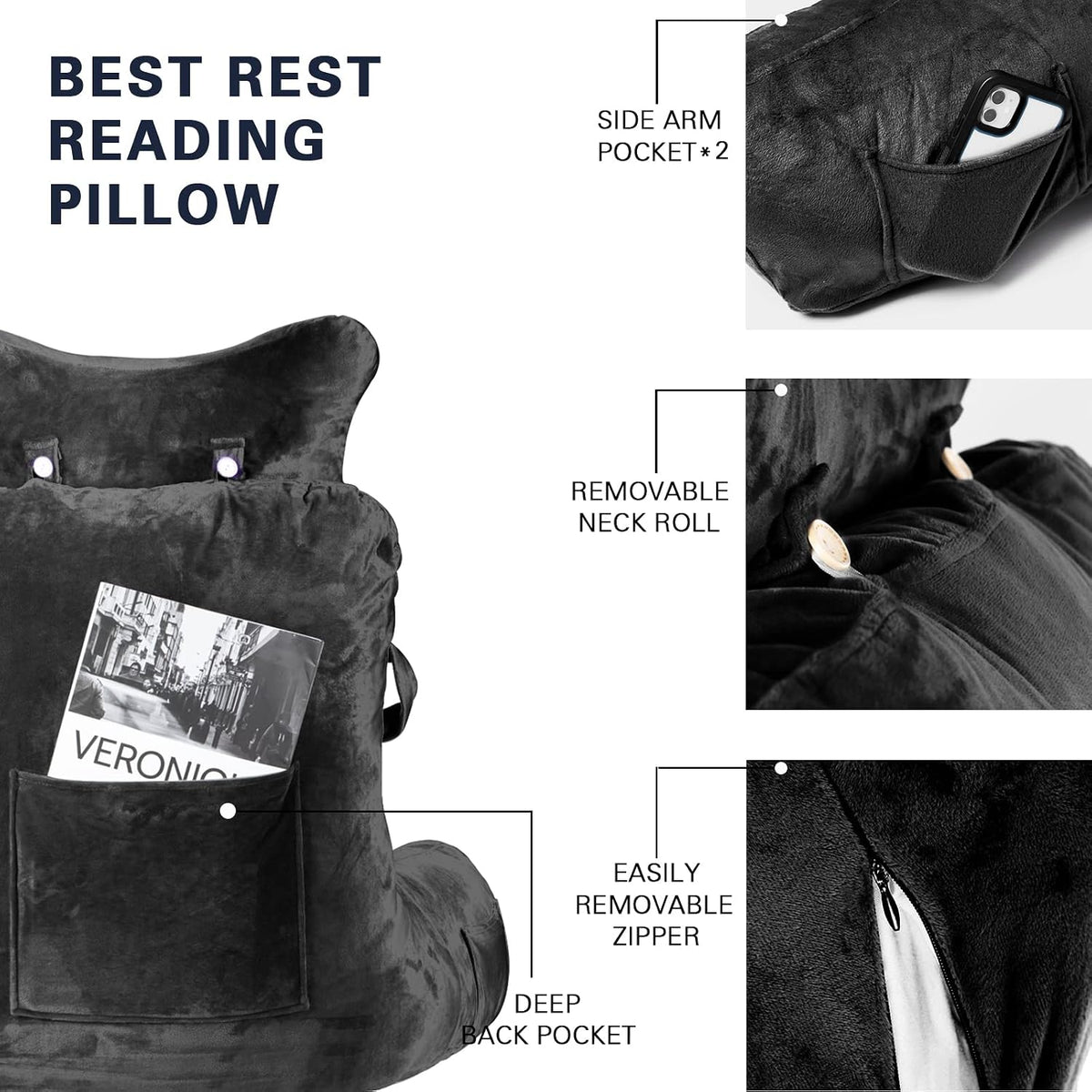 SLIGUY Reading Pillow-Bed Rest Pillow with Detachable Neck Roll & Support Arm for Sitting in Bed Couch or Floor-Backrest Reading Pillow Adult Back Pillow for Reading/Watching TV/Gaming,Dark Grey