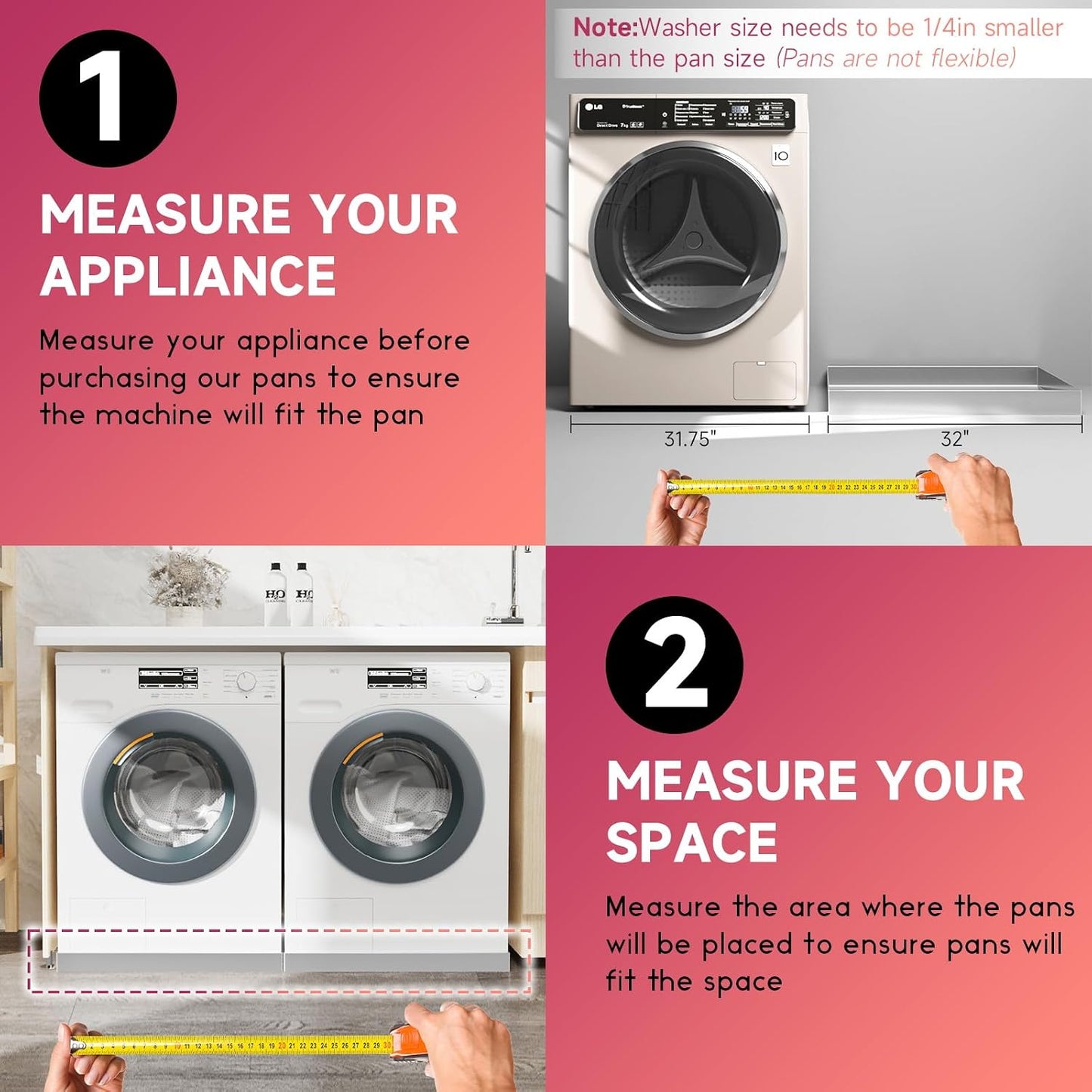 32 x 32 x 2.5 Inch 304 Stainless Steel Washing Machine Drain Pan | Heavy Duty Steel Compact Washer Drip Tray, Washing Machine Tray No Leak Protecting The Floor (No Hole)