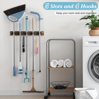 White Broom Holder Wall Mount - Heavy Duty Wood Mop and Broom Organizer with 5 Slots & 4 Hooks - Garden Tool Hanger for Laundry Room Closet Kitchen Garage Storage and Organization - Modern Home Decor