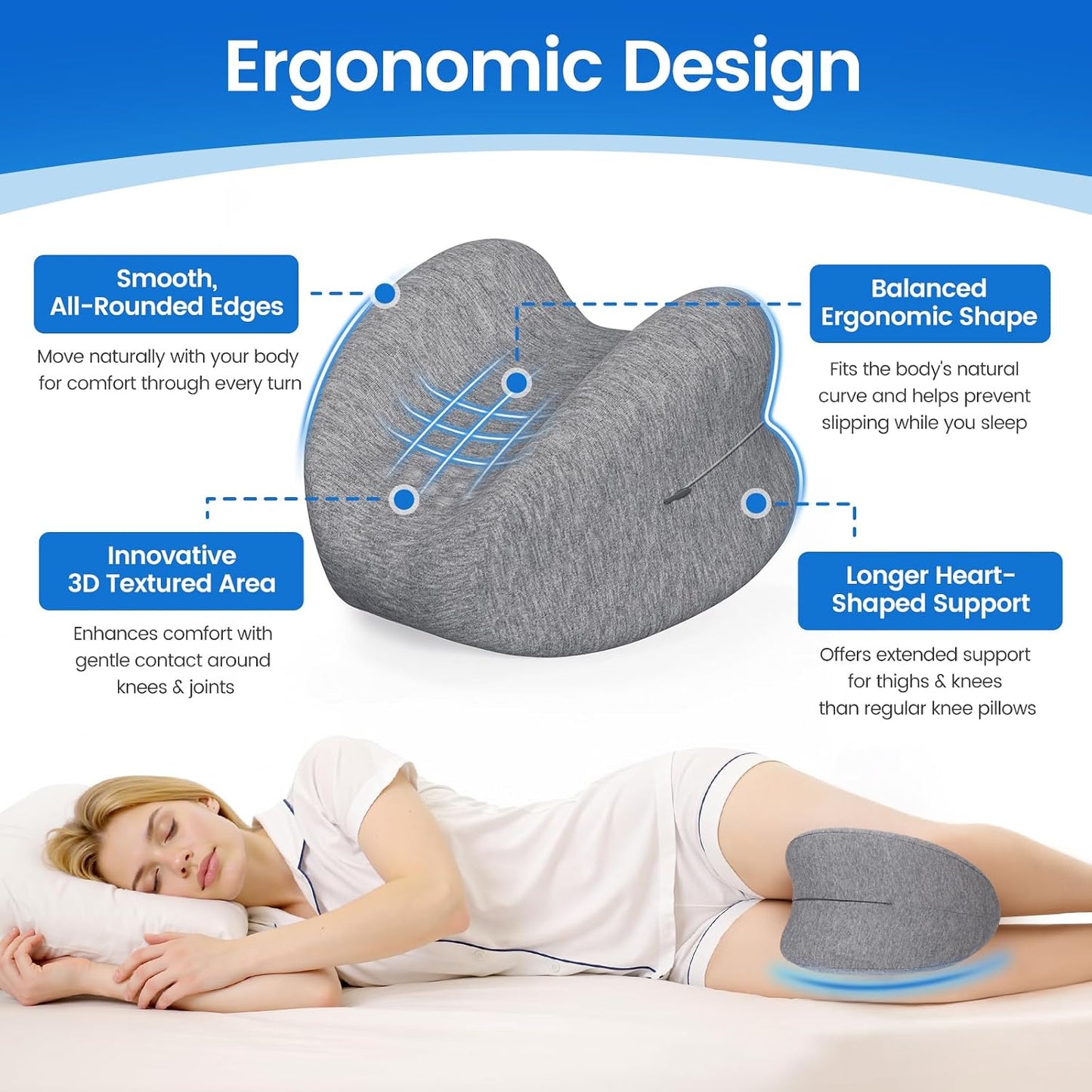 Knee Pillow for Side Sleepers, Memory Foam Leg Pillow, Grey | Heart-shaped design, high-density memory foam, raised edges, machine-washable cover, supports knee, hip and spinal alignment