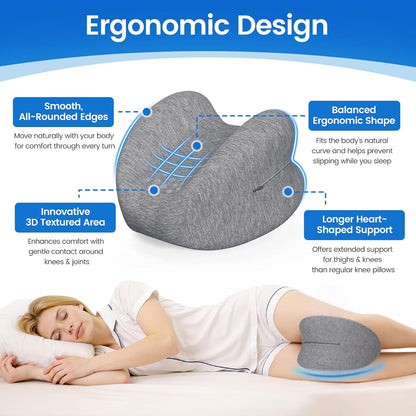 Knee Pillow for Side Sleepers, Memory Foam Leg Pillow, Grey | Heart-shaped design, high-density memory foam, raised edges, machine-washable cover, supports knee, hip and spinal alignment