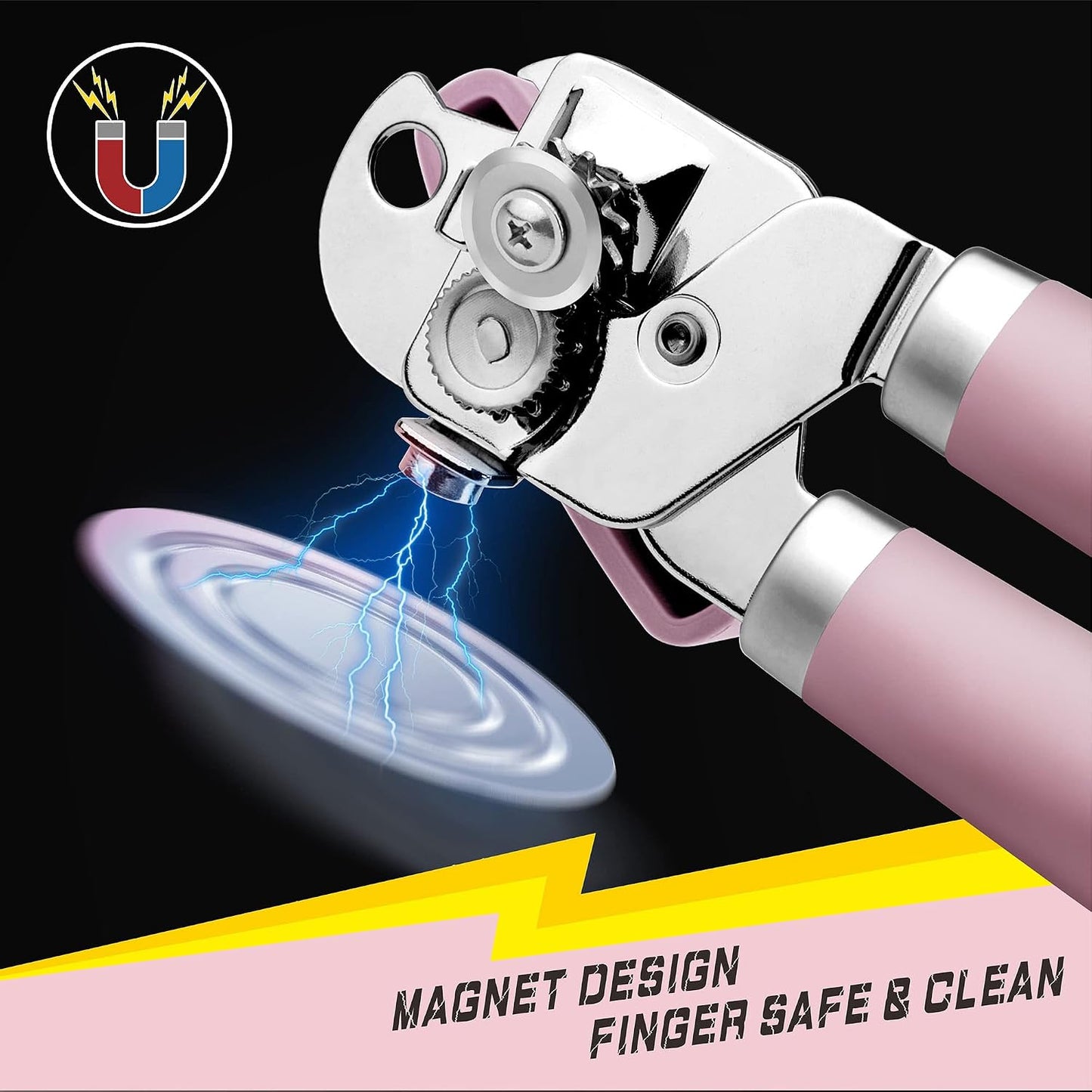 [Smoother Cut] PrinChef Manual Can Opener with Magnet, Improved Handle for More Comfortable Grip, Handheld Can Openers for Seniors, Heavy Duty Can Opener Smooth Edge, Bottle Opener Easy to Use, Black