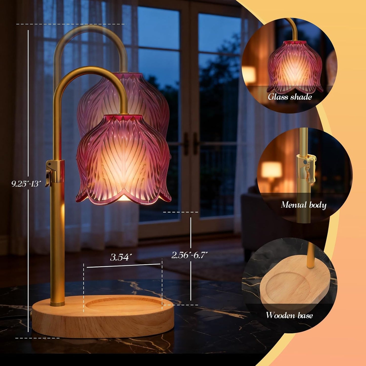 Flower Candle Warmer Lamp, Timer & 4-Level Dimmer, Adjustable Height | Flameless Electric Wax Warmer for Jar Candles, Includes 2 Bulbs, Pink, Home Decor Gift for Mom & Women, Housewarming