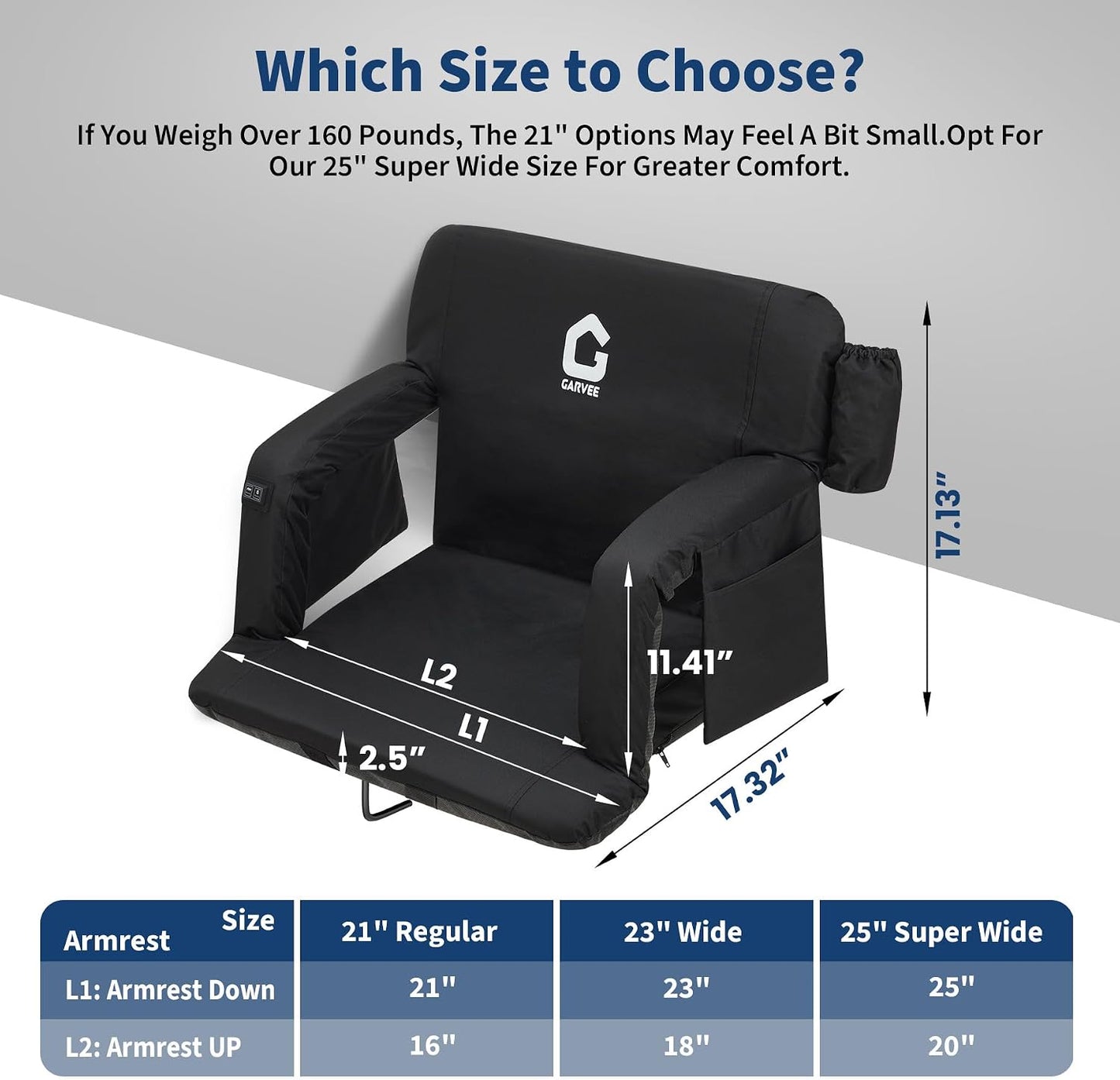 25Inch Massage & Heated Stadium Seats with Back Support and Padded Cushion - 3 Level Heating & Massage Extra Wide Bleacher Chair with Anti-Slip Mat - Football Seats, 6 Adjustable Angle, Pockets
