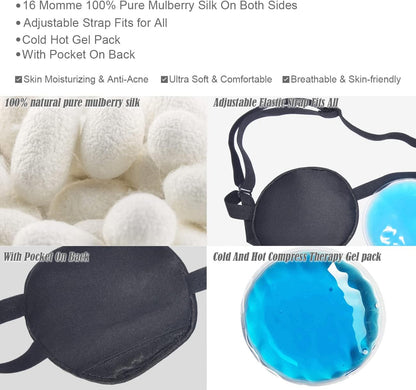 Cooling Eye Patches for Puffy Eyes, Pure Silk Ice Eye Patch, Single Eye Mask, Medical One Eye Cover Cold Hot Therapy Strabismus Lazy Eyes After Surgery Adult Kid Pirate Eyepatch (Black)