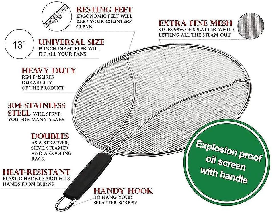 13"Larger Stainless steel splatter guards for frying pan with thermo plastic handles" Keep your kitchen safe & clean by this grease splatter screen!"-Say Goodbye to Oil Splatters!"