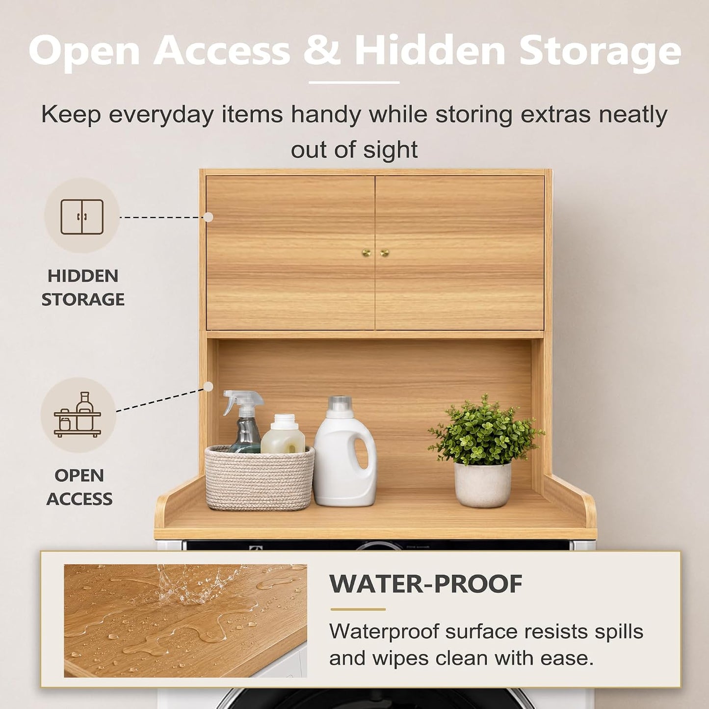 Laundry Storage & Organization (Oak) | Washer and Dryer Topper with Edge, Over Washer and Dryer Shelves for Laundry Room, Universal Fit, 27.5"Wx27.5"Dx29"H