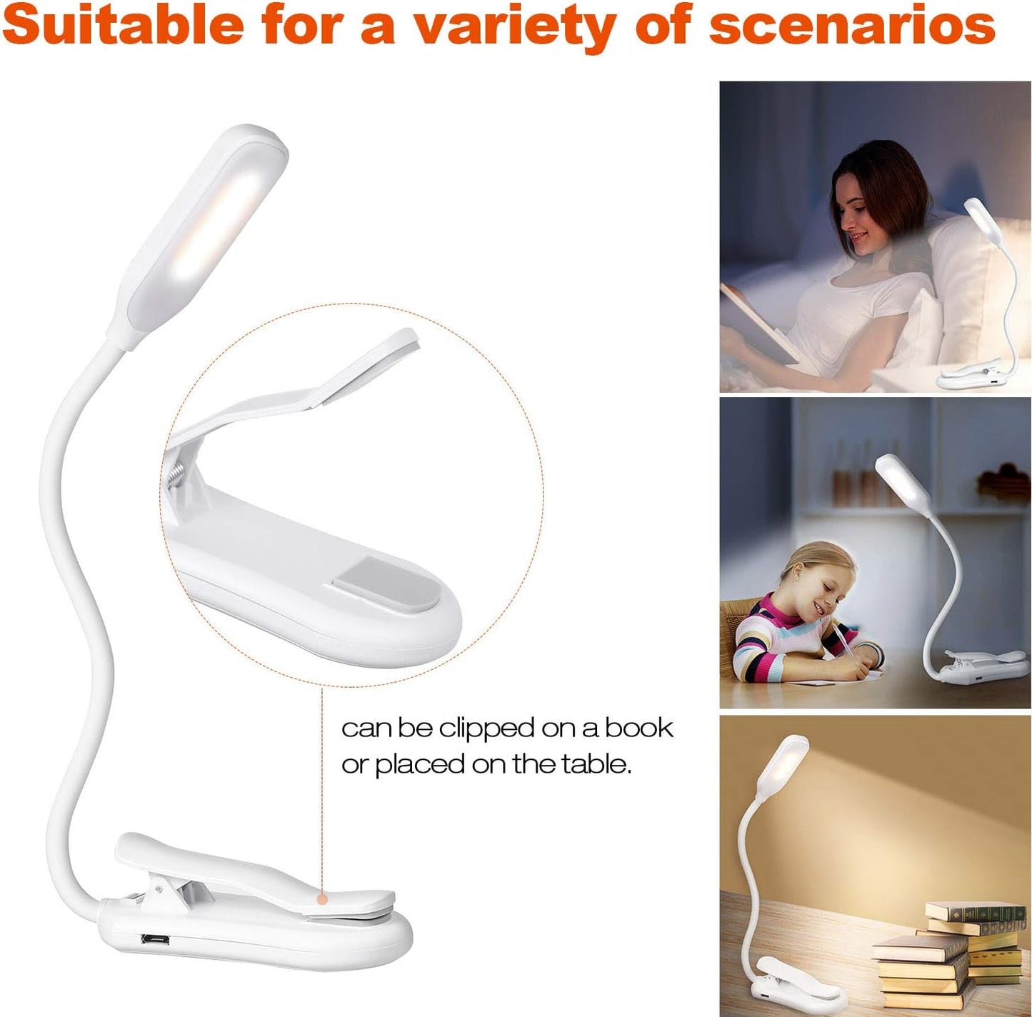 Rechargeable Book Light, Clip On Reading Light with Flexible Neck and Touch Button, Portable LED Reading Lamp for Bed, Night Reading, Travel, Study, Books and Magazines