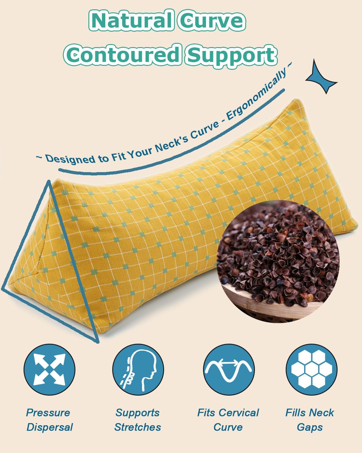 Cervical Buckwheat Neck Roll Pillow for Pain Relief, Firm Neck Support Bolster for Back Sleepers, Washable Cover, Ideal for Office Lunch Break, Blue 15 X 5 Inches
