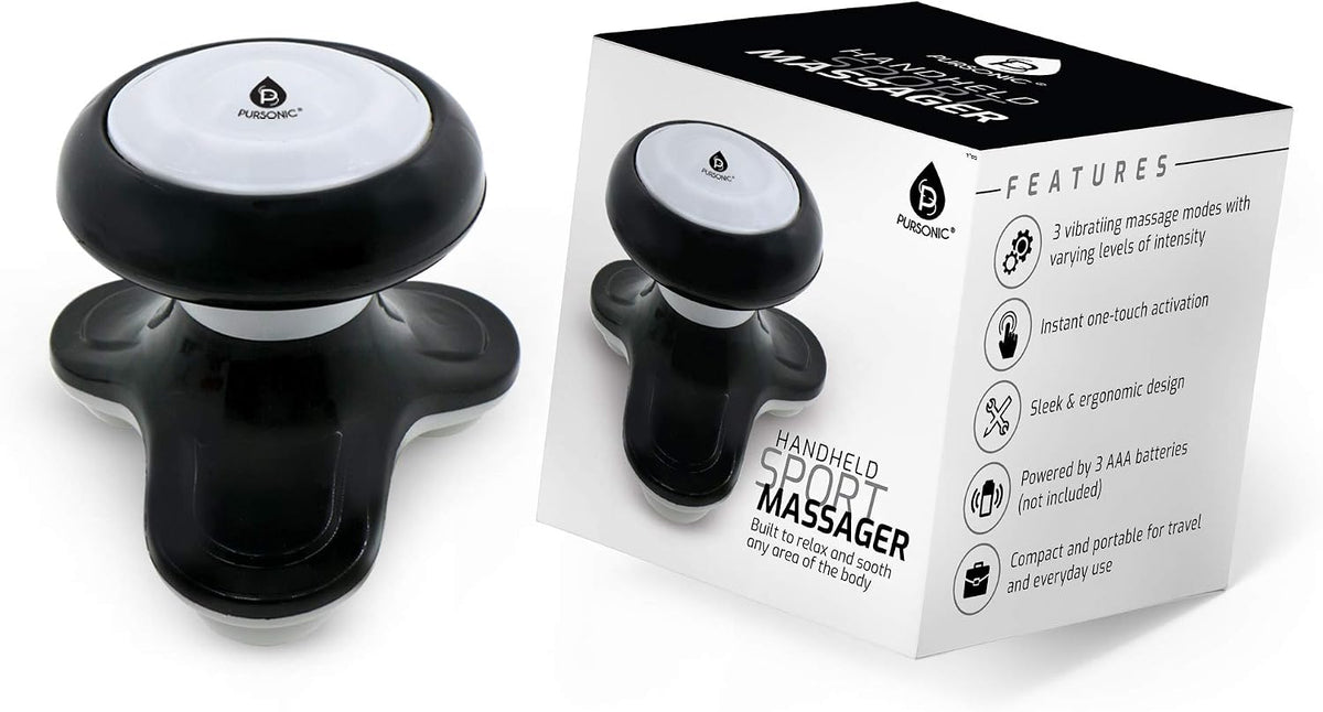 Pursonic Handheld Sport Massager Mini Portable for Hand, Head, Neck, Back, Legs & Arms Pain Relief Easy Grip Handle, 3 Vibrating Massage Modes (White)