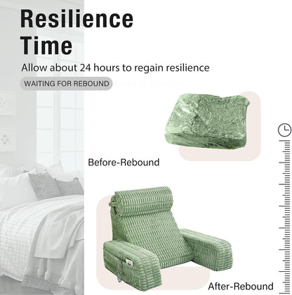 Reading Pillow for Bed Sitting Up with Large Pockets,Modern Style | 19" Supportive Backrest Cushion for Reading,Nursing,Resting,or Reclining,Stable Armrests & Washable Cover – Sage Green