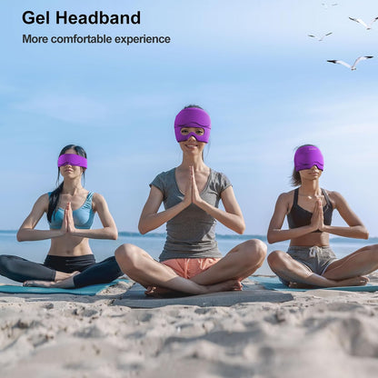 2 in 1 Migraine Relief Cap with Gel Eye Mask, Headache Relief Cap Ice Head Wrap Hot and Cold Therapy Hat Gift for Women for Headache Puffy Eyes Sinus and Tension Stress Relief (Light Purple)