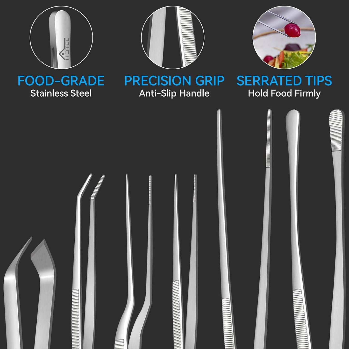 HOTEC Kitchen Tweezers Tongs Stainless Steel, Set of 6 - Professional Cooking Tweezers for Cooking, Chefs, BBQ, Seafood, Baking & Repair